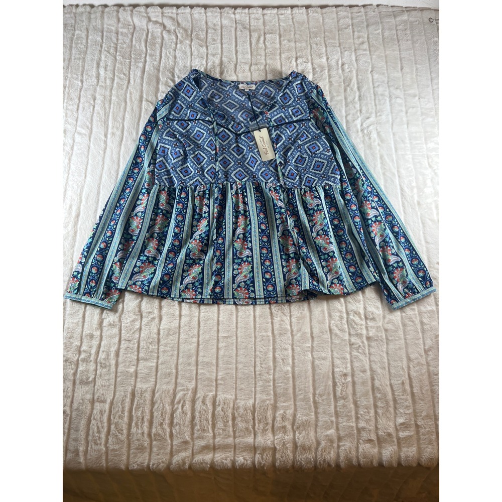 Red Camel Plus Size 1X Blouse Top Blue Floral Paisley Print Long Sleeve